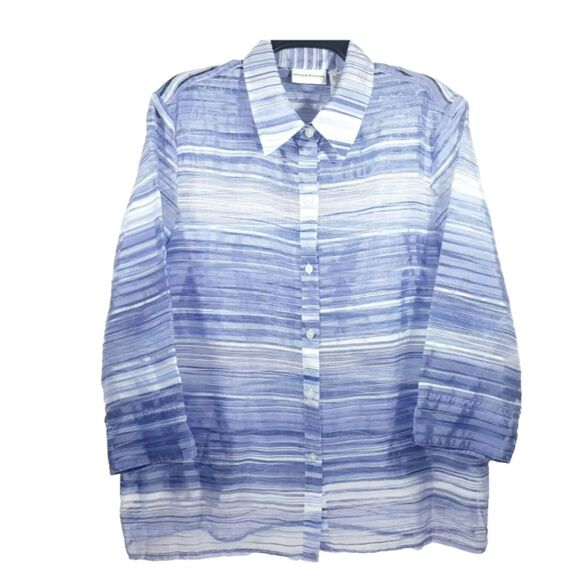 Alfred Dunner Sheer Blue Stripe Button Up Top Sz 8 - Picture 1 of 6